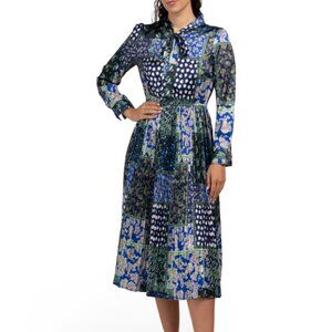 NANCY YANG Crinkle Pleat Midi Dress - Navy Multi
